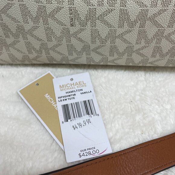 NWT Gorgeous Michael Kors Hamilton Cream w/Leather Brown Trim Lg Tote - Picture 10 of 13